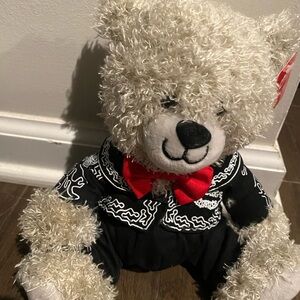 Charming Cream Teddy Bear with Red Bow and Black Outfit